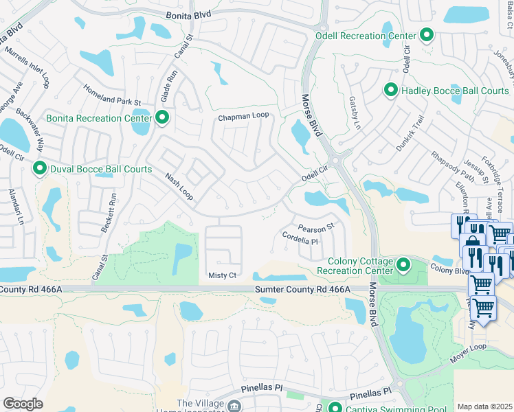 map of restaurants, bars, coffee shops, grocery stores, and more near 2615 Fletcher Lane in The Villages