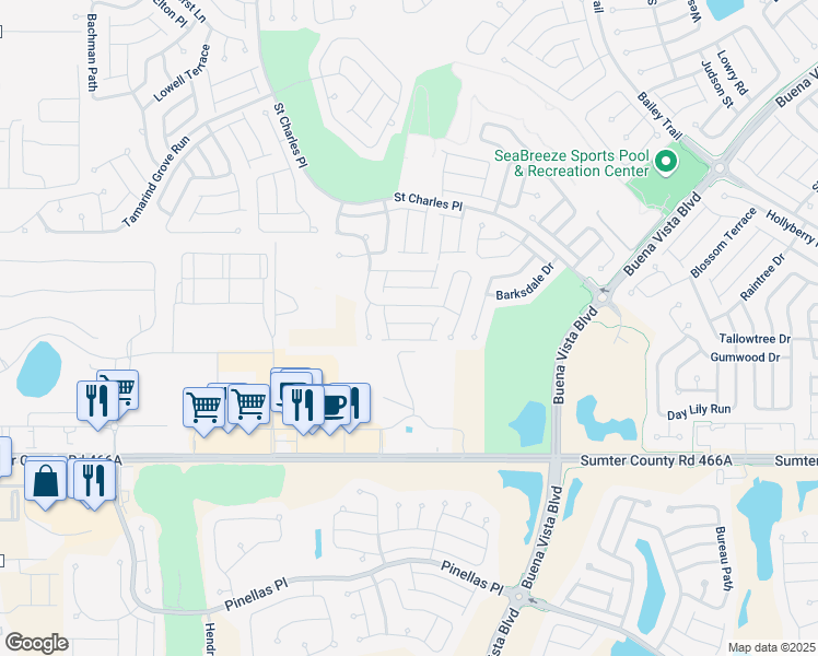 map of restaurants, bars, coffee shops, grocery stores, and more near 2568 Edenville Path in The Villages