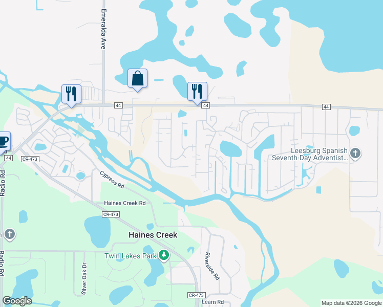 map of restaurants, bars, coffee shops, grocery stores, and more near 109 Park Lane in Leesburg