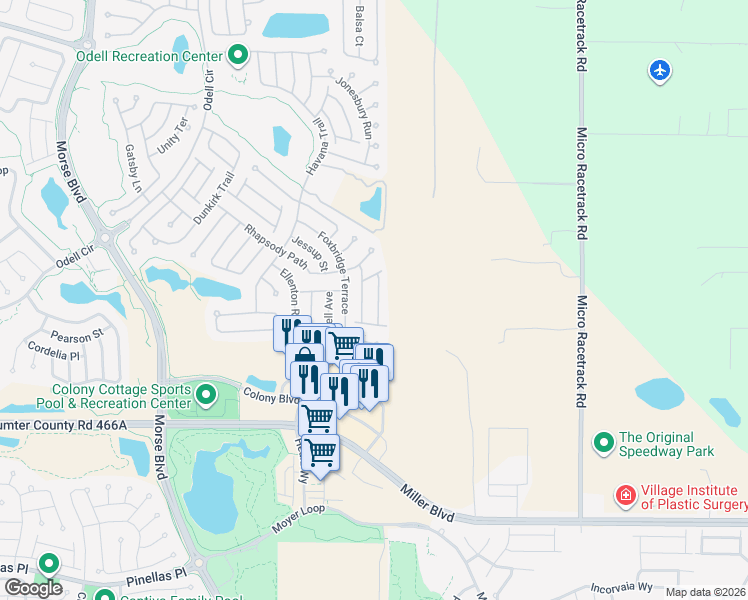 map of restaurants, bars, coffee shops, grocery stores, and more near 2592 Dartford Terrace in The Villages