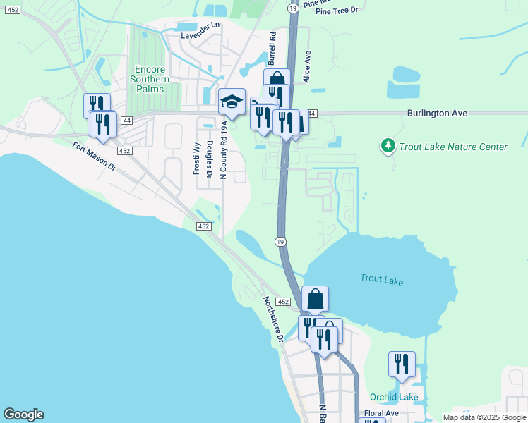 map of restaurants, bars, coffee shops, grocery stores, and more near 1550 Florida 19 in Eustis