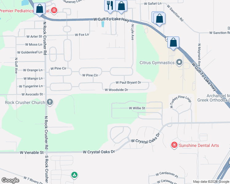 map of restaurants, bars, coffee shops, grocery stores, and more near 5665 West Woodside Drive in Crystal River
