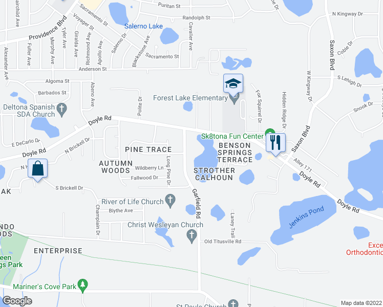map of restaurants, bars, coffee shops, grocery stores, and more near 285 Garfield Road in Deltona