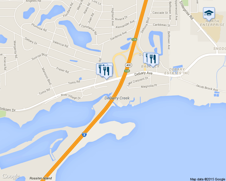 map of restaurants, bars, coffee shops, grocery stores, and more near 313 Dirksen Drive in DeBary