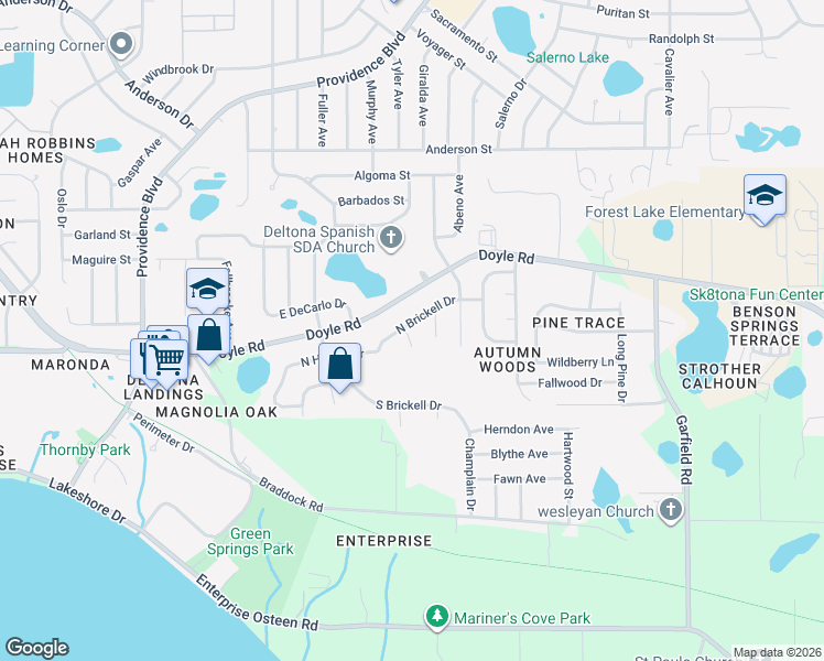 map of restaurants, bars, coffee shops, grocery stores, and more near 1128 North Brickell Drive in Deltona