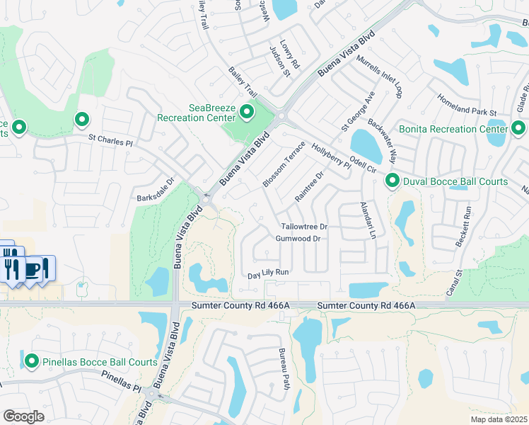 map of restaurants, bars, coffee shops, grocery stores, and more near 1596 Tallowtree Drive in The Villages