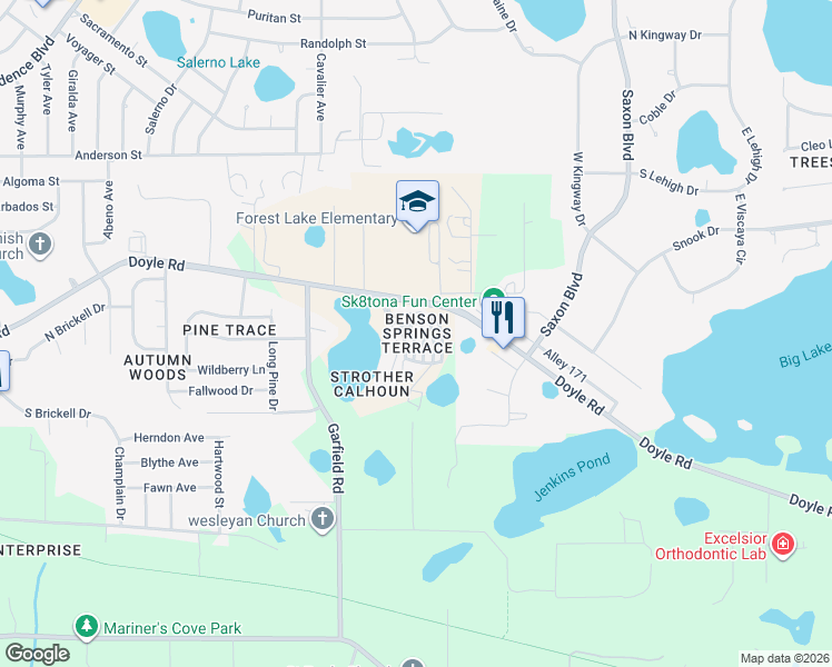 map of restaurants, bars, coffee shops, grocery stores, and more near 1571 Doyle Road in Deltona