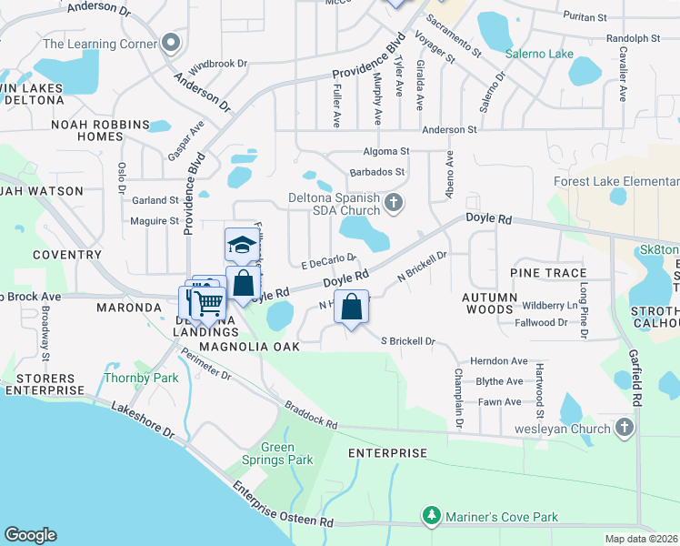 map of restaurants, bars, coffee shops, grocery stores, and more near 1076 Doyle Road in Deltona