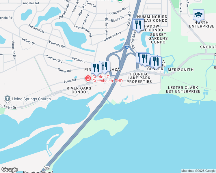 map of restaurants, bars, coffee shops, grocery stores, and more near 328 Lake Crescent Drive in DeBary