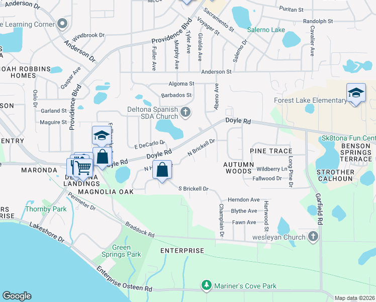 map of restaurants, bars, coffee shops, grocery stores, and more near 1128 North Brickell Drive in Deltona