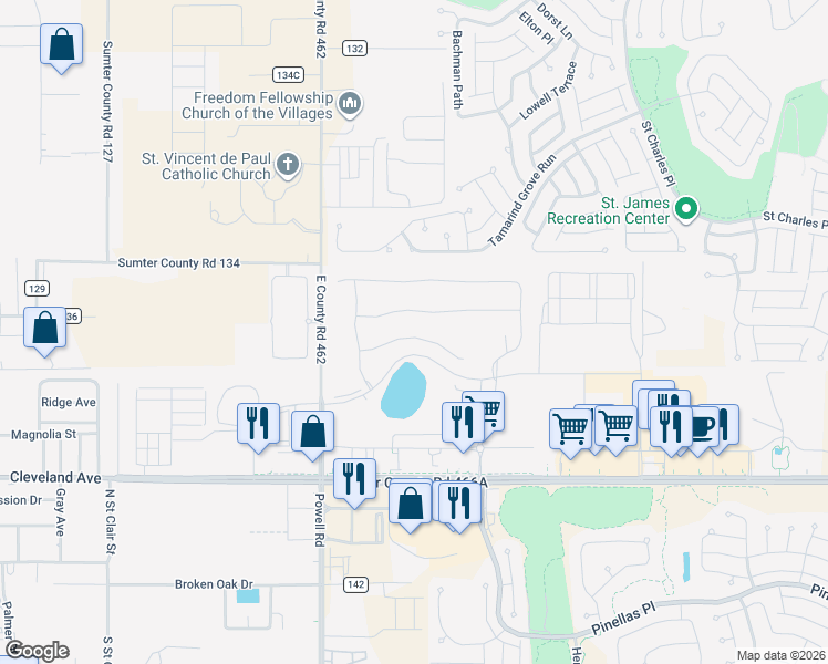 map of restaurants, bars, coffee shops, grocery stores, and more near 5260 Sunshine Drive in Wildwood