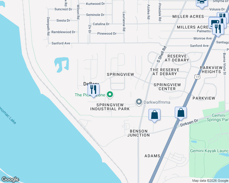 map of restaurants, bars, coffee shops, grocery stores, and more near 435 Sycamore Springs Street in DeBary
