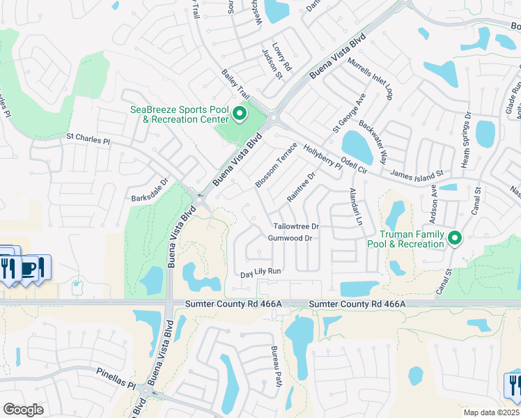 map of restaurants, bars, coffee shops, grocery stores, and more near 1596 Tallowtree Drive in The Villages