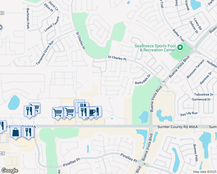 map of restaurants, bars, coffee shops, grocery stores, and more near 2568 Edenville Path in The Villages