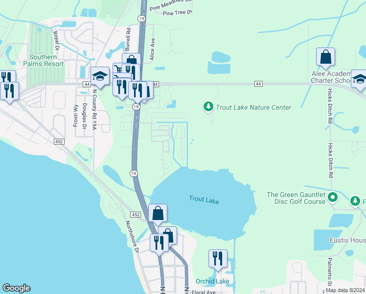 map of restaurants, bars, coffee shops, grocery stores, and more near 125A Shady Lane in Eustis