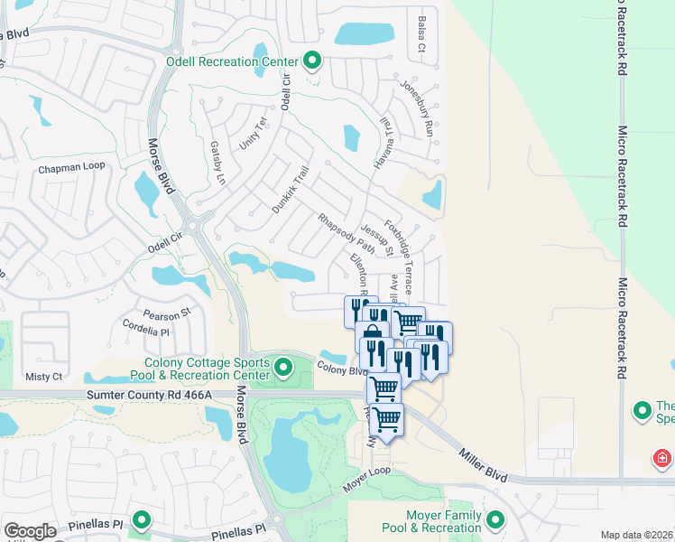 map of restaurants, bars, coffee shops, grocery stores, and more near 2580 Bostic Lane in The Villages
