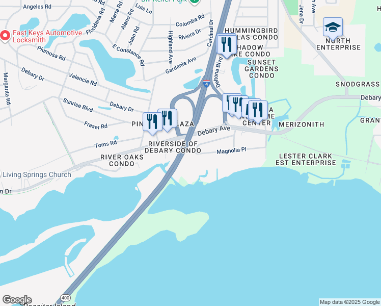 map of restaurants, bars, coffee shops, grocery stores, and more near 328 Lake Crescent Drive in DeBary