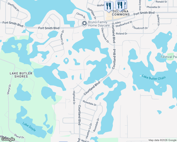 map of restaurants, bars, coffee shops, grocery stores, and more near 2939 Wyman Court in Deltona