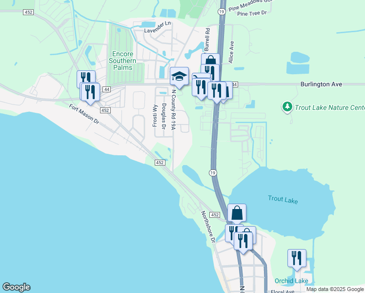 map of restaurants, bars, coffee shops, grocery stores, and more near 1651 County Road 19A in Eustis