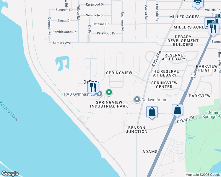 map of restaurants, bars, coffee shops, grocery stores, and more near 431 Sycamore Springs Street in DeBary