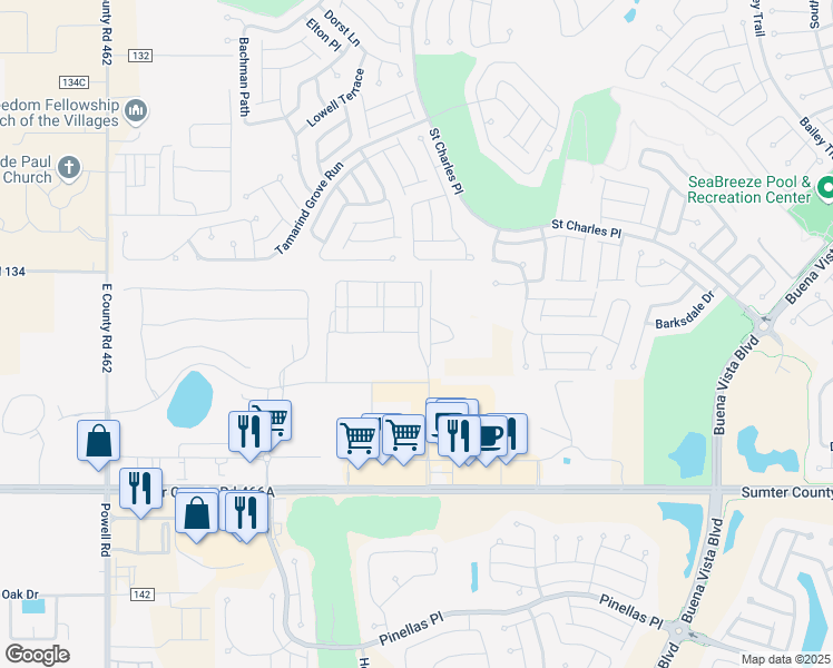 map of restaurants, bars, coffee shops, grocery stores, and more near 7600 Wilds Loop in Wildwood