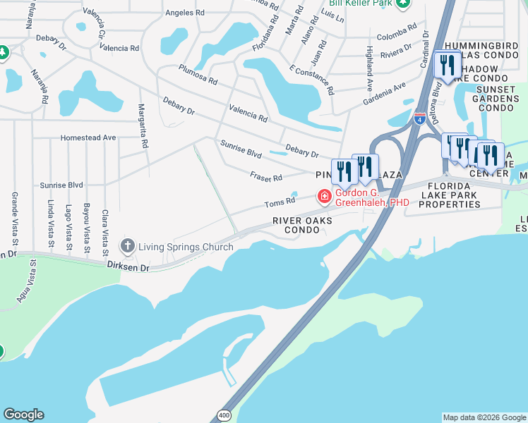 map of restaurants, bars, coffee shops, grocery stores, and more near 247 Toms Road in DeBary