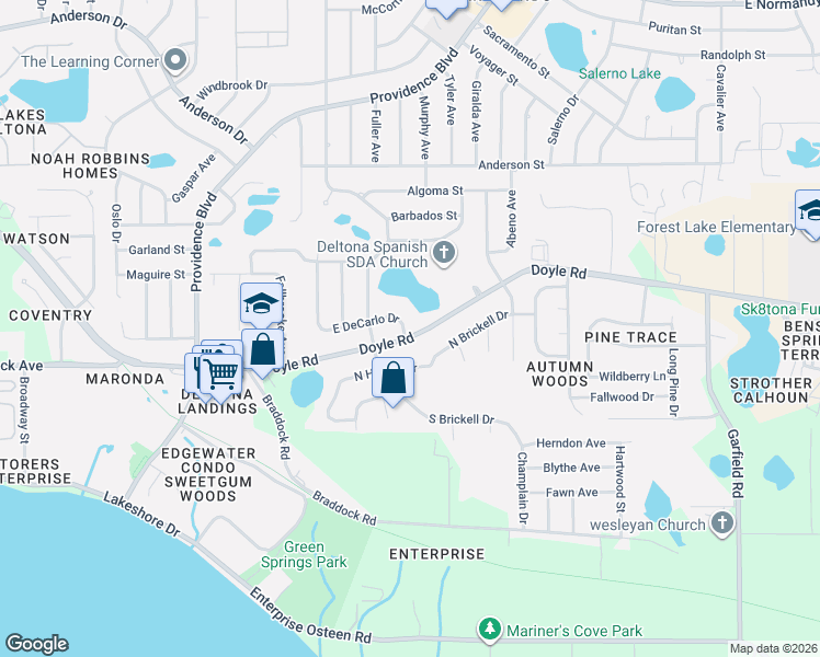 map of restaurants, bars, coffee shops, grocery stores, and more near 1099 East DeCarlo Drive in Deltona