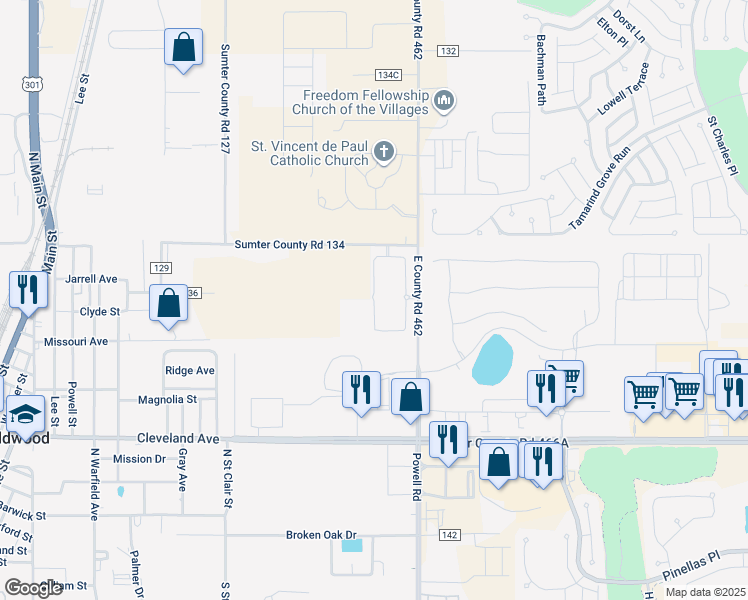 map of restaurants, bars, coffee shops, grocery stores, and more near 5741 East Co Road 462 in Wildwood
