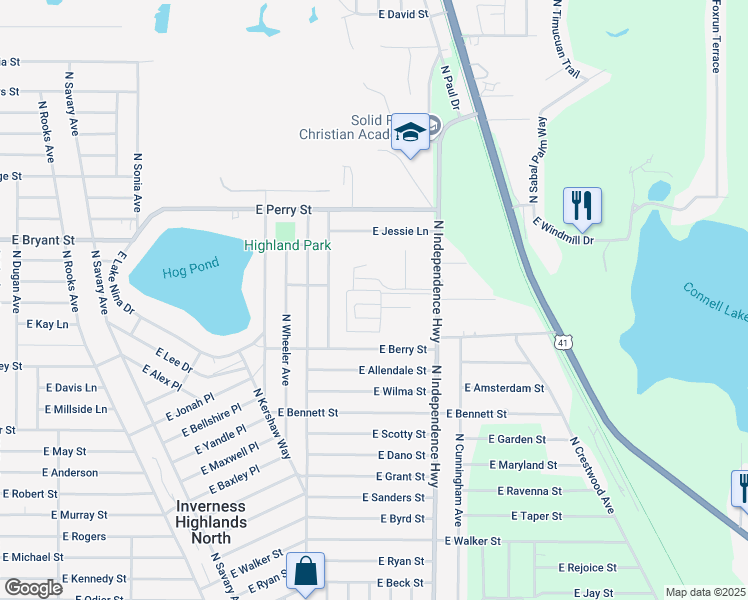 map of restaurants, bars, coffee shops, grocery stores, and more near 550 North Independence Highway in Inverness