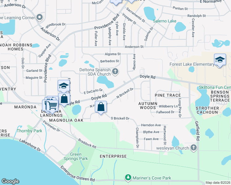 map of restaurants, bars, coffee shops, grocery stores, and more near 1128 North Brickell Drive in Deltona