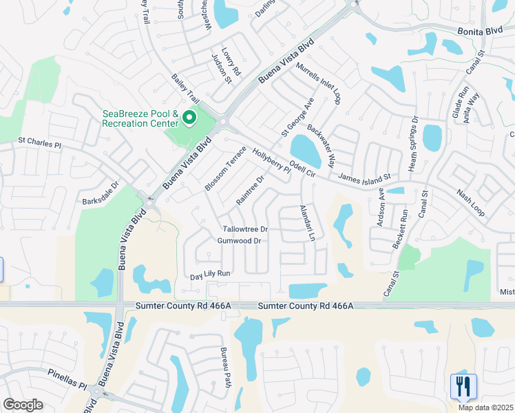 map of restaurants, bars, coffee shops, grocery stores, and more near 1502 BlueBerry Way in The Villages