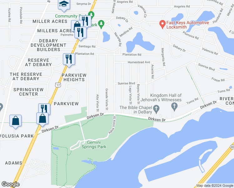 map of restaurants, bars, coffee shops, grocery stores, and more near 241 Agua Vista Street in DeBary