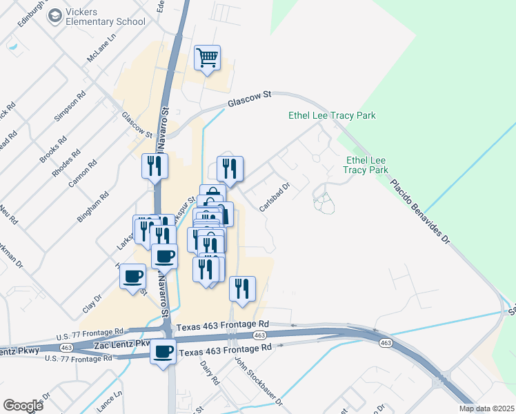 map of restaurants, bars, coffee shops, grocery stores, and more near 102 Carlsbad Drive in Victoria