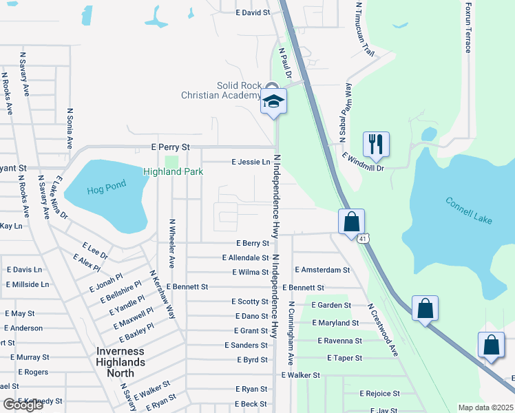 map of restaurants, bars, coffee shops, grocery stores, and more near 550 North Independence Highway in Inverness