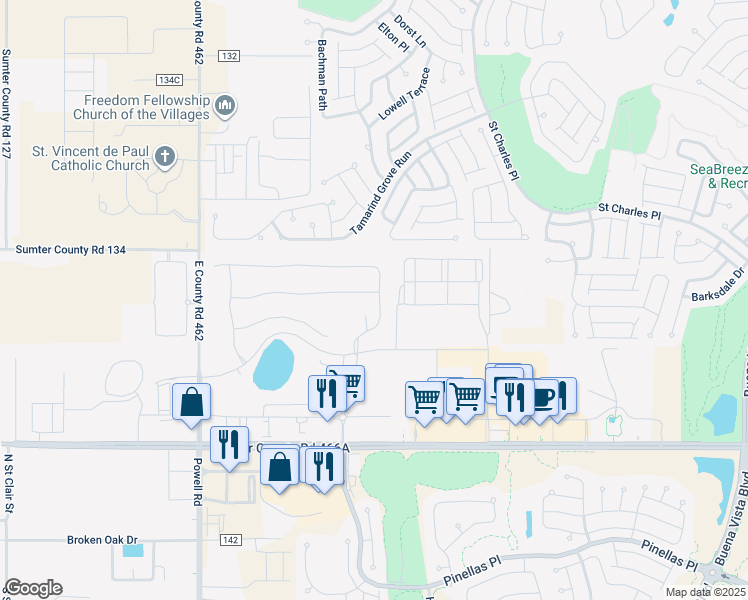 map of restaurants, bars, coffee shops, grocery stores, and more near 7838 Penrose Place in Wildwood