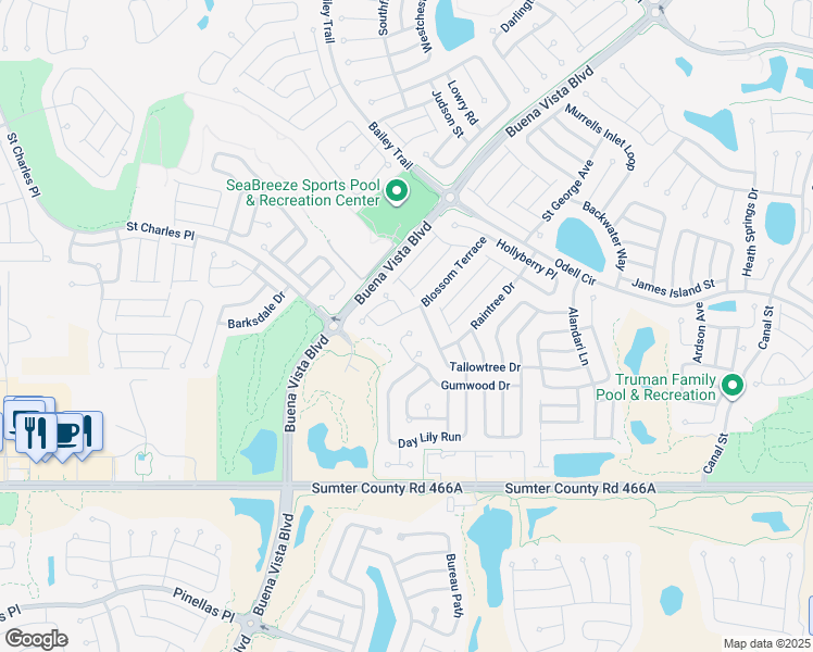 map of restaurants, bars, coffee shops, grocery stores, and more near 1654 Gumwood Drive in The Villages