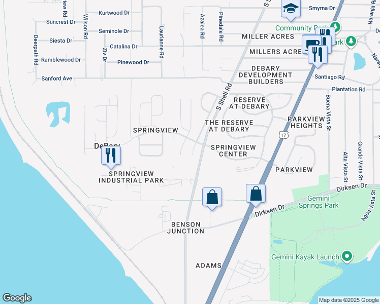 map of restaurants, bars, coffee shops, grocery stores, and more near 388 Oak Springs Court in DeBary