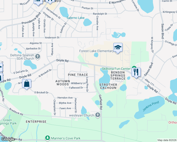 map of restaurants, bars, coffee shops, grocery stores, and more near 157 Long Pine Drive in Deltona