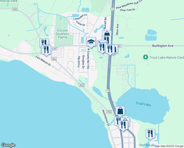 map of restaurants, bars, coffee shops, grocery stores, and more near 1651 County Road 19A in Eustis