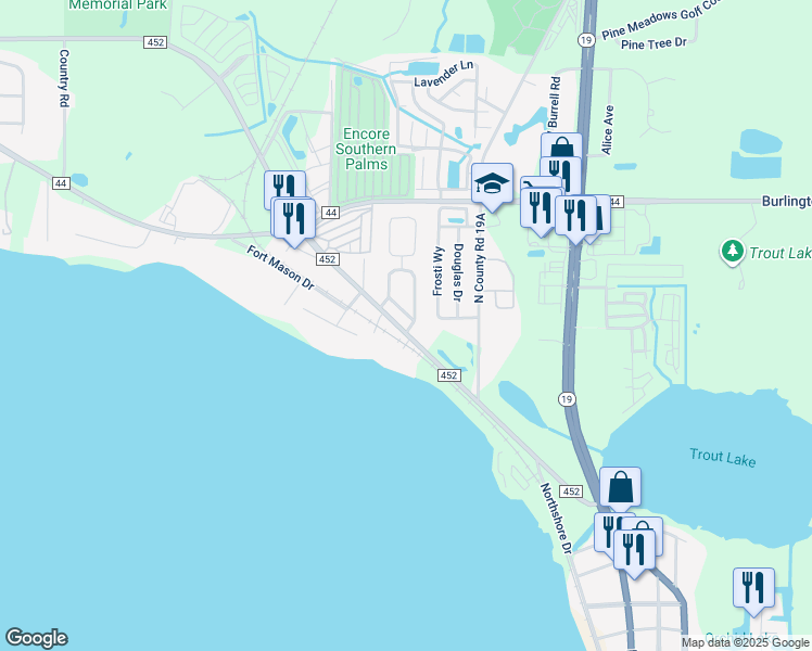 map of restaurants, bars, coffee shops, grocery stores, and more near 1701 Lakewood Avenue in Eustis