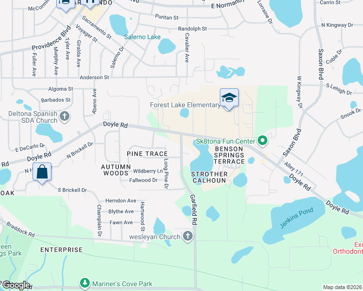 map of restaurants, bars, coffee shops, grocery stores, and more near 285 Garfield Road in Deltona