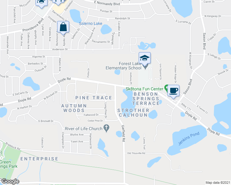 map of restaurants, bars, coffee shops, grocery stores, and more near 285 Garfield Road in Deltona