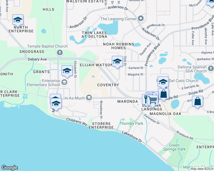 map of restaurants, bars, coffee shops, grocery stores, and more near 733 Charing Place in Deltona