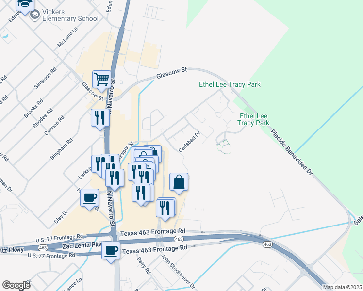 map of restaurants, bars, coffee shops, grocery stores, and more near 102 Carlsbad Drive in Victoria