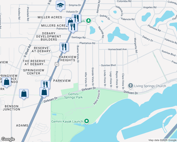 map of restaurants, bars, coffee shops, grocery stores, and more near 236 Alta Vista Street in DeBary