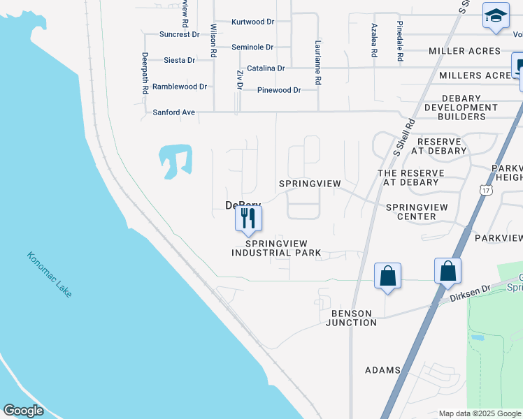map of restaurants, bars, coffee shops, grocery stores, and more near 433 Tallow Wood Circle in DeBary