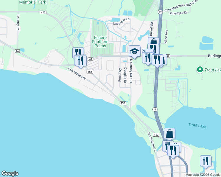 map of restaurants, bars, coffee shops, grocery stores, and more near 1705 Lakewood Avenue in Eustis