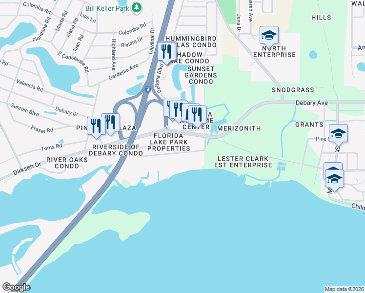 map of restaurants, bars, coffee shops, grocery stores, and more near 370 Magnolia Place in DeBary