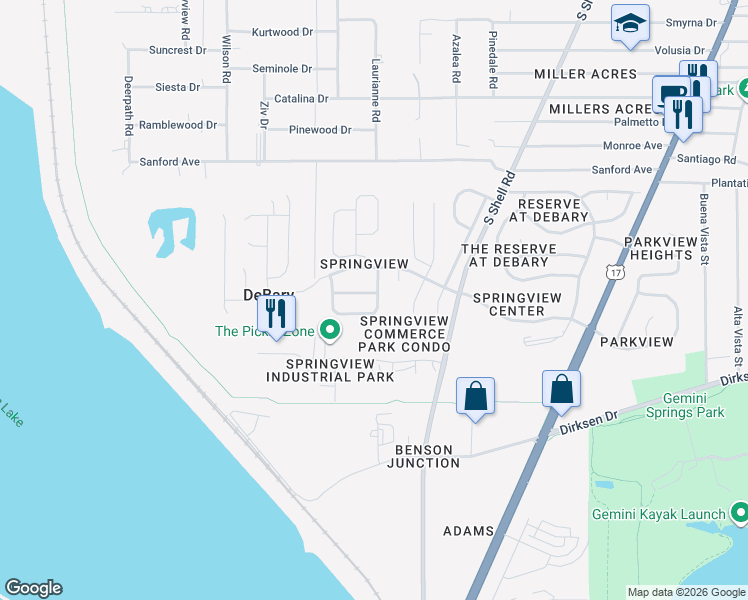 map of restaurants, bars, coffee shops, grocery stores, and more near 101 Fern Springs Street in DeBary