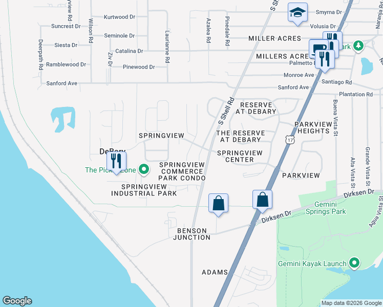 map of restaurants, bars, coffee shops, grocery stores, and more near 375 Hickory Springs Place in DeBary